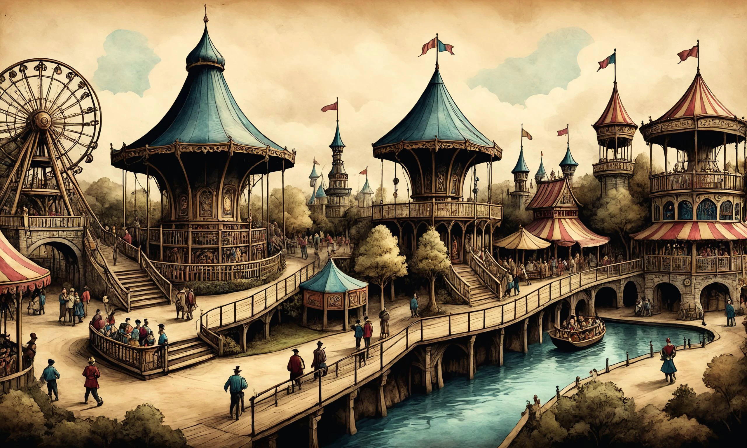 Belle illustration numérique détaillée d&#39;un parc d&#39;attractions géré par l&#39;IA simulant des époques historiques sur parchemin, illustration d&#39;encre, fracolor , Clair-obscur