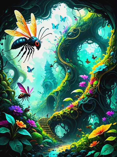 Telepathic hive mind controlling insect hordes in Interdimensional gateway in hidden jungle, ultra-fine digital painting, <lora:...
