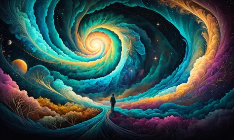 a person standing in front of a colorful swirl of clouds