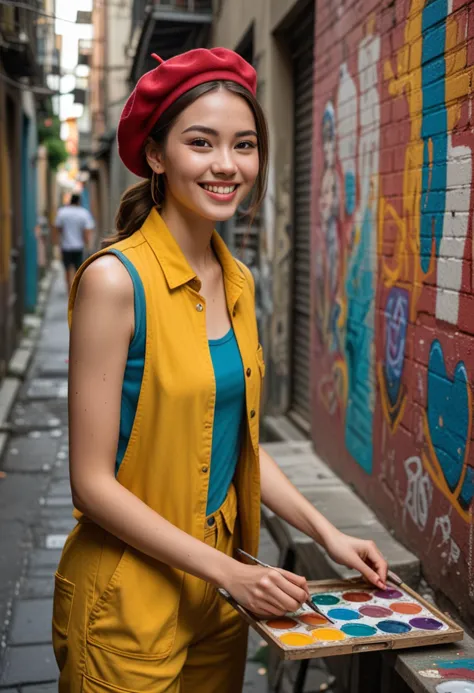 (medium full shot) of (colorful painter) young woman, philippine, pale skin, brown eyes, slender build, long brown updo hair,  wearing a beret, yellow artist vest, relaxed fit trousers, sandals, holding a paintbrush and a palette, set in  street, Alleyway, narrow alley with murals on the walls, an artist adding to the mural, colorful graffiti, a vibrant urban setting, at night, woman smiling, Masterpiece,best quality, photo, realistic, very aesthetic, detailed face,