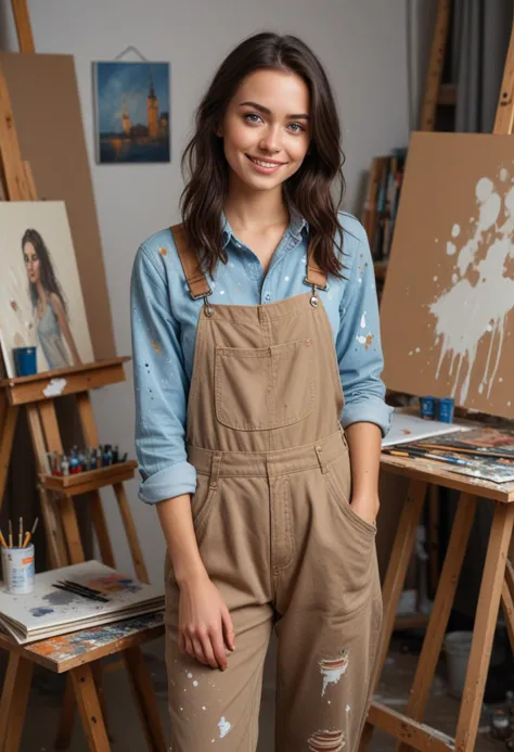 (medium full shot) of (inspired painter) young woman, russian, tan skin, light Blue eyes, slender build, long dark retro hair,  wearing a brown paint-splattered shirt, overalls, casual shoes, holding a sketchbook, set in  studio Corner, cozy area with a small desk, a palette and brushes, an easel with an unfinished painting, art books stacked nearby, at night, woman smiling, Masterpiece,best quality, photo, realistic, very aesthetic, detailed face,