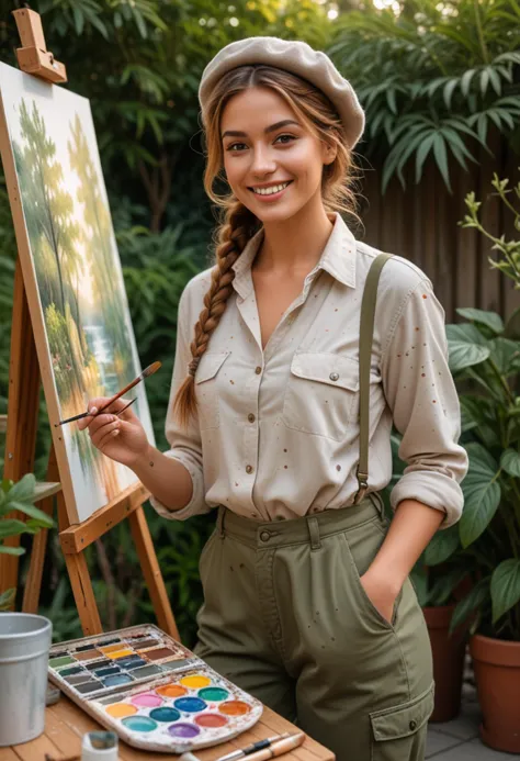 (medium full shot) of (chic painter) young woman, spanish, tan skin, olive green eyes, busty build, medium red french braid hair...