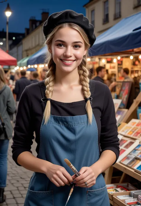 (medium full shot) of (chic painter) young woman, british, light skin, brown eyes, voluptuous build, medium blonde french braid hair,  wearing a beret, black colorful apron, jeans, loafers, holding a paint tube, set in  street Market, lively area with stalls selling art supplies, artists painting on the spot, passersby admiring the works, a sense of community, at night, woman smiling, Masterpiece,best quality, photo, realistic, very aesthetic, detailed face,