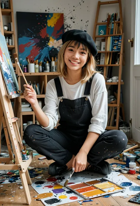 (medium full shot) of (inspired painter) young woman, philippine, tan skin, brown eyes, tiny build, short blonde straight bangs ...