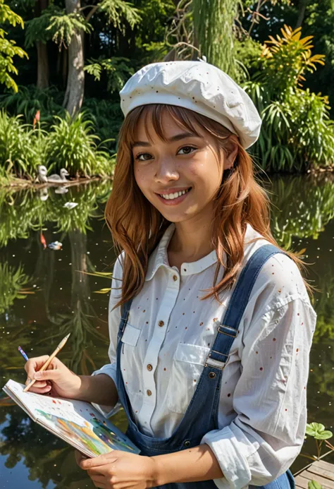 (medium full shot) of (inspired painter) young woman, thai, tan skin, light brown eyes, slim build, medium ginger curtain bangs ...