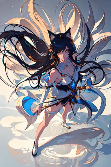 Ahri, Ahri \(liga de leyendas\), [(magiaal realm background:1.4), ((obra maestra)),(mejor calidad),Vistoso,extremely decolaed,1 chica, absurdos, animal_orejas, negro_cabello, senos, separado_mangas, distribuir, alta resolución, facial_marca, zorro_orejas, zorro_cola, mano_arriba, liga_de_leyendas, largo_cabello, largo_mangas, magia, múltiple_colas, naranja_eyes, separado_labios, solo, de pie, cola, cuerpo completo,  bad-manos-5,  