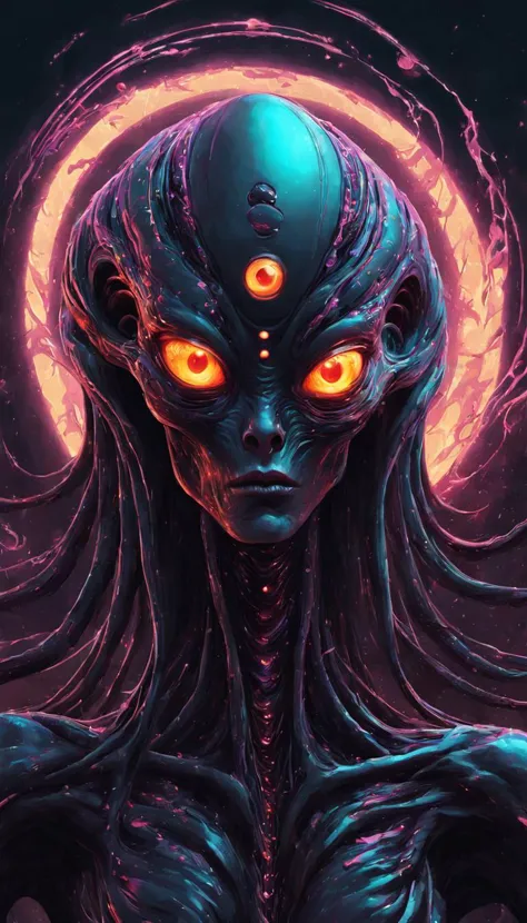 a digital illustration of a humanoid with glowing eyes and glowing hair