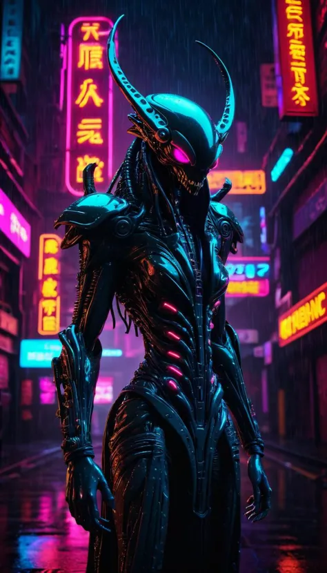 a woman in a futuristic outfit stands in the rain in a neon city