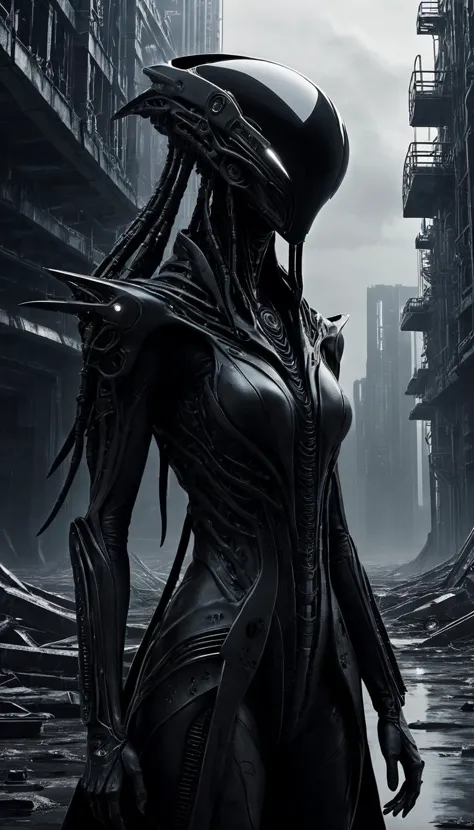 a woman in a black suit standing in a city with a large alien head