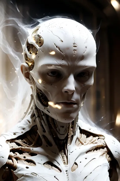 a close up of a person with a white body and a gold head