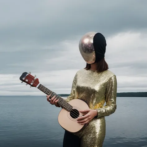 A photograph of a person wearing  disco ball faceless halm-mask. [  [holding a ukulele made of wood with a glossy finish. outdoors near calm water reflecting an overcast sky. The background is slightly blurred lighting is soft and diffused]]