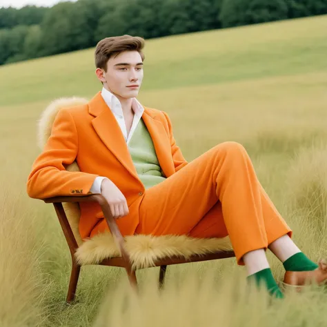 a young man wearing a green outfit, sitting in an orange fur chair, in high grass filed, candid shot, cinematic scene, low contrast color palette, film grain, super 8 camera