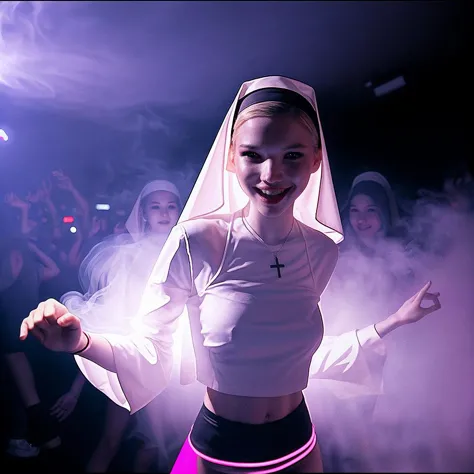 misty lit with smoke and fog neon night club, crazy night dance at the night club, crowded party emerging from fog and music, slowmotion closeup dynamic film still, a gorgeous sasha luss (dressed as a nun) counght in dance, happy naive face smile, remarkab...