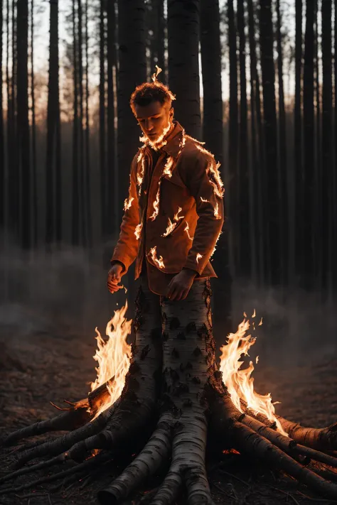 8k, uhd,depth of field,detailed,(burning, fire, flaming, hot, glowing),8k uhd,by Alessio Albi, dusty particles depth of field,detailed ,a photo of a man made of birch with birch log bark (burning, fire, flaming, hot, glowing)