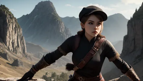 best quality, masterpiece, of a female, dressed as a Assassin, black outfit, with black hair, with a female Neatly trimmed side-swept hairstyle with a subtle wave, wearing a flat cap, medium shot, fighting, In a towering mountain fortress, home to a clan of warrior monks,, realistic, concept art, cinematic, volumetric lighting, highly detailed, 8k ultradetialed character with perfect face,detailed skin,(ultrasharp:1.3),(masterpiece:1.1),best quality AS-YoungV2,(photorealistic:1.2),ultrarealistic,realistic ultradetailed character,4k perfect quality,Magnificent,Imperceptible detail,Intricately designed,