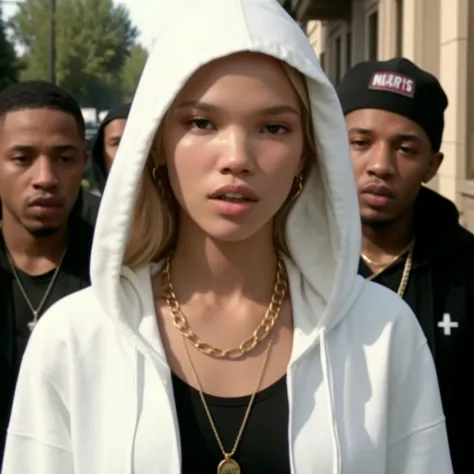 screen cap restored from security camera,a hooded thug life girl sasha luss in the hood, surrounded by black rappers gang thugs,...