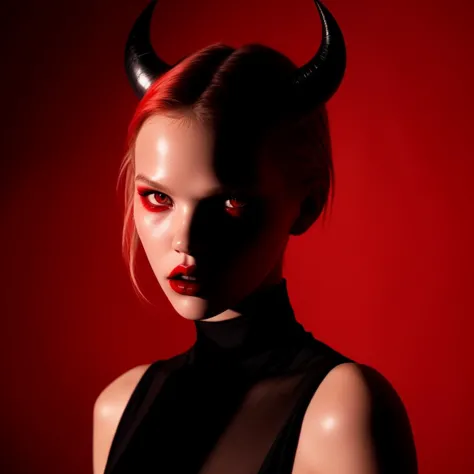 Shadow of female model against red background, demoncore aesthetic,  sinister vibes, teasing, small horns, shining red eyes and ...