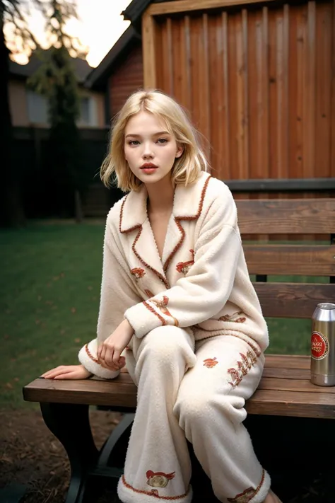 film grain,35mm grainy film a  blonde young woman sasha luss wearing fluffy pajama air-puffed sitting on bench, holding beer, on...