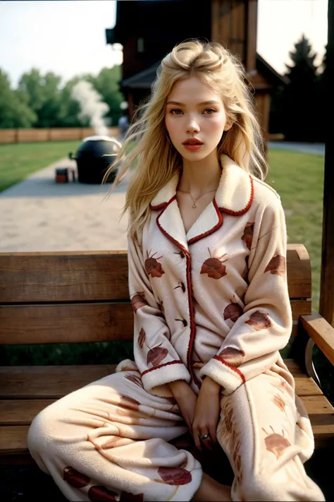 film grain,35mm grainy film a  blonde young woman sasha luss wearing fluffy pajama air-puffed sitting on bench, beer, on yard, b...