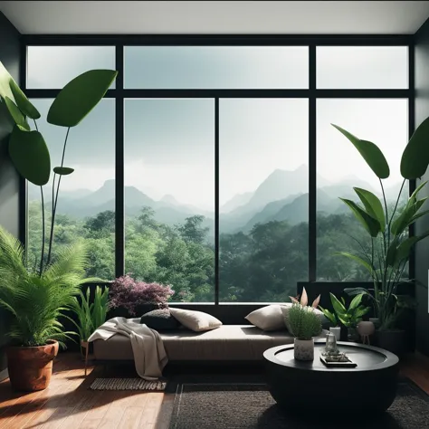 zen room for meditation with crystals and lots of plants indoor architecture, Peaceful, hyperrealistic, cinematic 8k ultra hd, n...