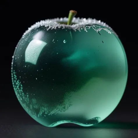 a close up of a green apple with a lot of snow on it