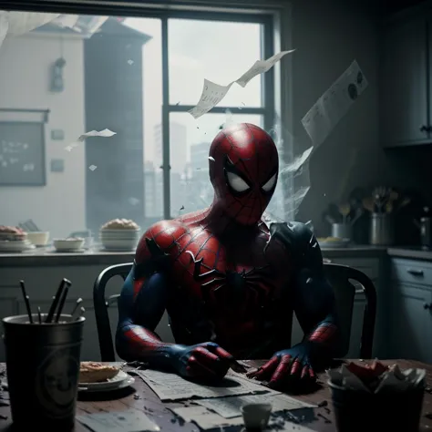 a haunted moody photo of spiderman sitting at the table surrounded by  messy kitchen,  [messy kitchen table with salads and gian...