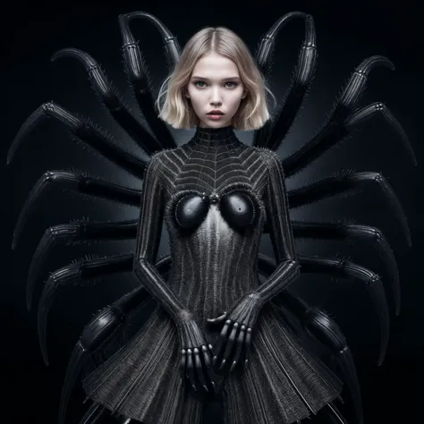 ferrofluid style, a girl sasha luss posing, a family pair portrait with giant creature as spider