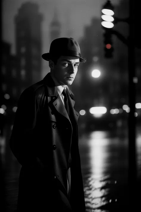 black and white film stock, high contrast, full body movie clip of a dramatic motion blur scene, black and white photography, film grain, extreme closeup photo face , Noir 1940's, detective man looking at you  [[walking by]] at heavy rain, sad, scowl, heavy rain, black 1940's fedora,  mist, fog, wet pavement, dust particles, detailed lighting, (noir lighting), rim lighting, dramatic lighting, depth of field, detective trenchcoat, long trenchcoat, 1940's american city, bokeh, street lights, from front, black and white photography, depth of field, shallow focus