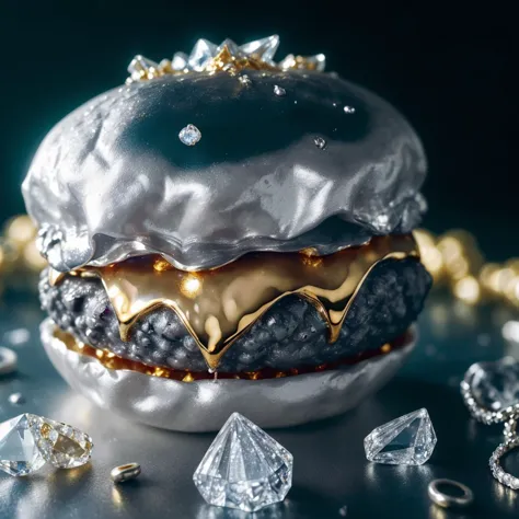 cinematic film still mouth-watering product photo, attractive tasty (hamburger ((made from golden jewelry,silver,crystal,liquid ...