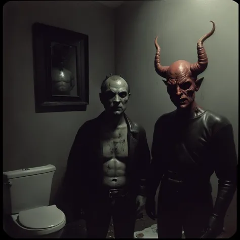 ((closeup photo selfie shot captured on gorpo)), a man standing next to a devil, ((a man taking selfie with the diablo devil , i...