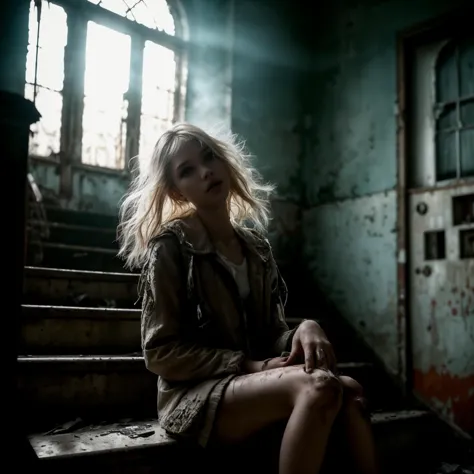 photo of a sad girl sasha luss sitting on a stairs indoor of an abandoned hospital full of medical devices and wired e-waste, ha...