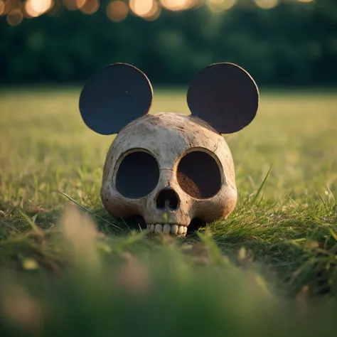 by filip hodas,a rustic skull of Mickey Mouse in the grass, depth of field bokeh