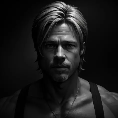 8k uhd, by_lee_jeffries, expressive eyes, dark background, dusty particles depth of field,detailed BREAK Brad Pitt ,proportionate body, realistic clothes, detail, high contrast black and white hd,  raytracing, subsurfacescattering ,  unreal engine 5, octan...
