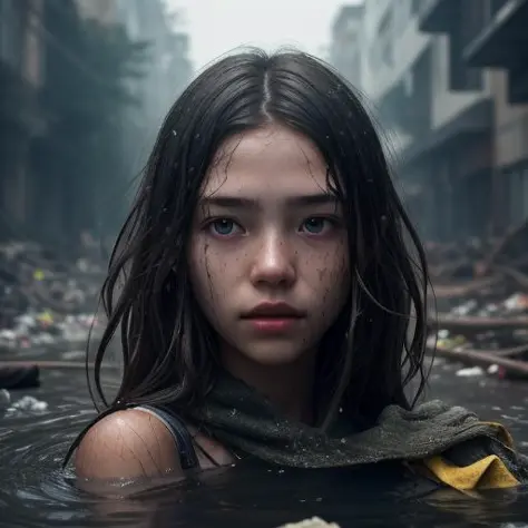 8k uhd,by Alessio Albi, dusty particles depth of field,detailed BREAK young girl whose face is centered in the frame, the beauty of her face is obscured by a massive pile of diverse debris surrounding her, almost as if she is drowning in it, contrast betwe...