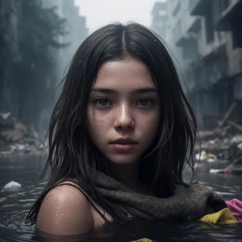 8k uhd,by Alessio Albi, dusty particles depth of field,detailed BREAK young girl whose face is centered in the frame, the beauty of her face is obscured by a massive pile of diverse debris surrounding her, almost as if she is drowning in it, contrast betwe...