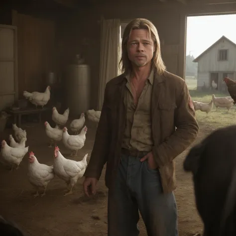 photo of Brad Pitt, wearing dirty clothes, in a sovietvawe village household, chickens and cows in the background, dusty depth of field, golden hour light