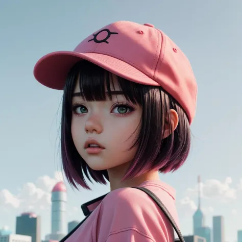 by Norman Ackroyd ,colored_film_photography,depth of field,detailed ,a photo of gorgeous anime girl with a pink shirt and a red hat, urban girl fanart, anime style illustration, anime art style, in an anime style, lofi girl, in anime style, anime artstyle,...