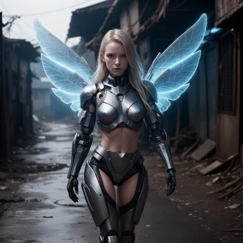 8k uhd,by Alessio Albi, dusty particles depth of field,detailed BREAK a (cyborg armored) (fairy, angel wings)  gracefully walking through trash alley,perfect eyes, beautiful face, upboob crop top BREAK india slums, magic dreamy atmosphere, ( (glowing:0.1) ...