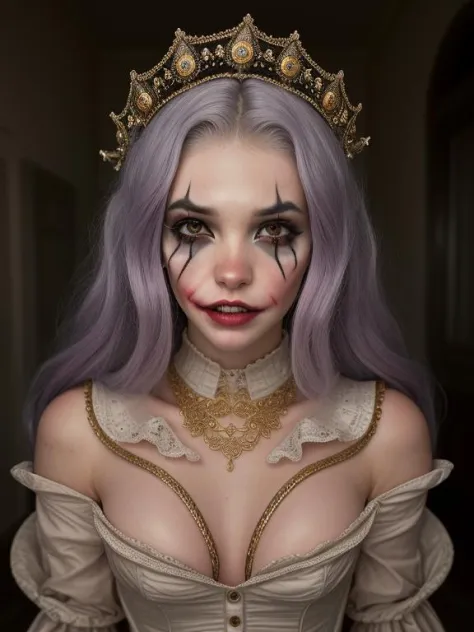 (by_Dan_Winters,by_Russell_James), a photo of Fashion photography of a joker, 1800s renaissance, clown makeup, editorial, insanely detailed and intricate, hyper-maximal, elegant, hyper-realistic, warm lighting, photography, photorealistic, 8k  <lora:IWR-Be...