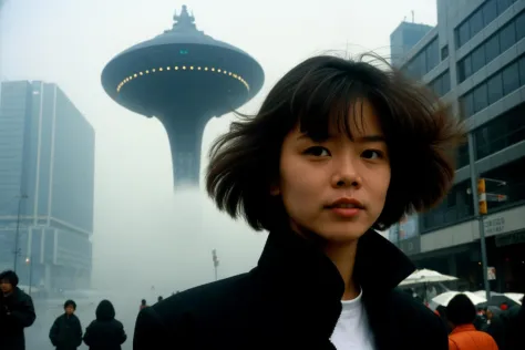 city by Masamune Shirow , a girl on the street,( far in the background )(emerging from the fog) giant ufo ship flying high ,[[[selfie closeup focus on face]]],[[[nostalgic kodak film still]]]
