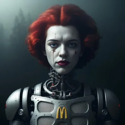 highly detailed epic Unconventional composition,
(young ronald mcdonald as cyborg cybernetic assembled robot). sign mcdonalds logo,
(haunted, interesting, attractive, intricate, dystopian, extremely detailed),
album cover attention-grabbing concept-design ...