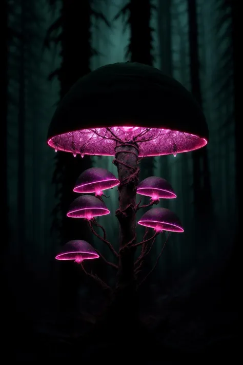 (dark shot:1.1), luminous backlit glowing forest mushroom, drops, neon lights around the mushroom, faded, hyperdetailed