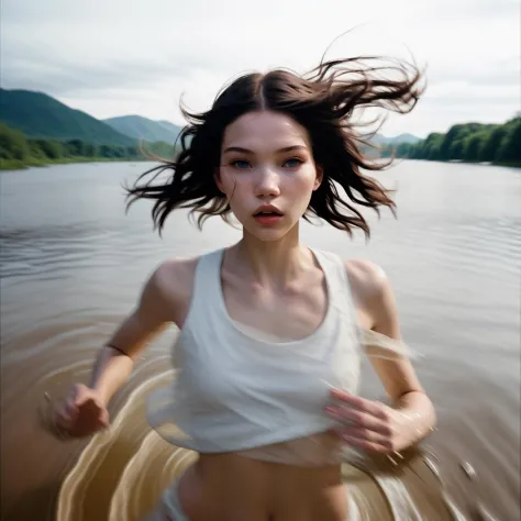 a girl sasha luss running for her life, against the flow of the river,[drowning in water],
[[running towards the camera,gorgeous symmetrical face of a goddess]],
[[thought-provoking composition,croptop,by alessio albi]]