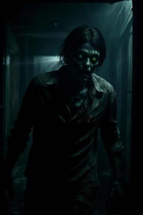 clsoseup highly detailed contrasty cinematic film still,The zombie emerging from a dark room, zombie virus stage four, volumetric lighting, real life, highly detailed, low contrast