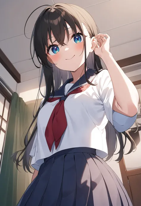 anime girl with long hair and blue eyes in a school uniform