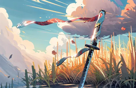 masterpiece, best quality, ultra-detailed, illustration, colorful, blade, (katana:1.2), blade down, grass, water, sky, clouds  <lora:KatanaOneHandV5:1>