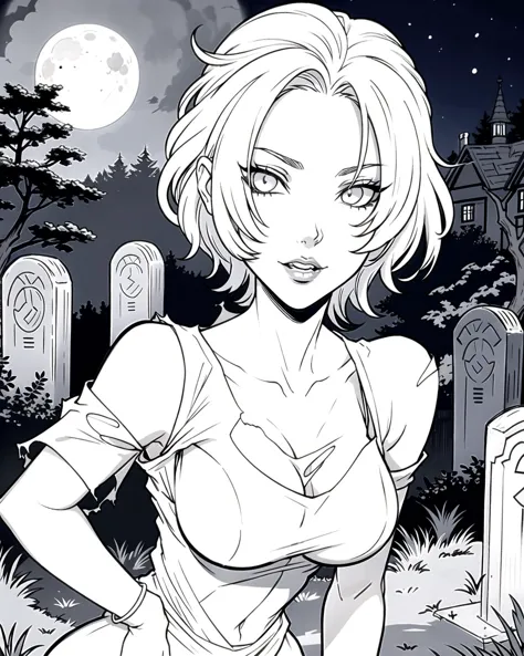 ((masterpiece), best quality, high quality, professional quality, highly detailed, highres, perfect lighting, natural lighting), monochrome, line art, coloring page, (1girl, beautiful, demonic, ghostly, translucent skin:1.5, glowing skin:1.2, see-through skin:1.3, skeleton visible beneath skin, large breasts, emaciated:1.2, hollow eyes:1.3, wearing (torn clothing, translucent clothing:1.2)), in front of haunted rundown mansion, surrounded by dead trees, gravestone, at night, full moon, spirit orbs