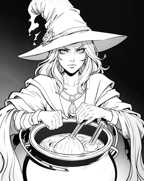 witch stirring up a pot of food with a spoon