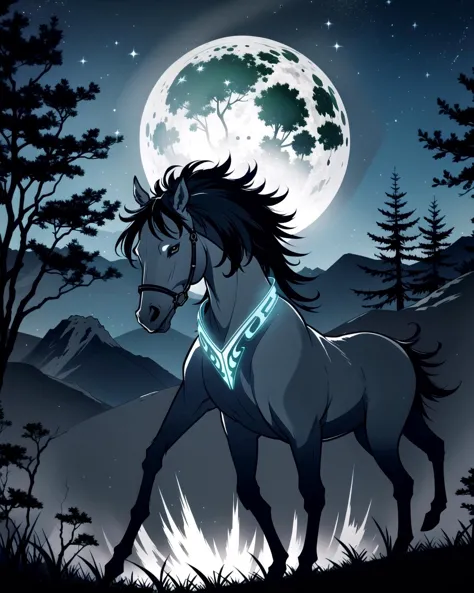 a close up of a horse walking in the grass near a full moon