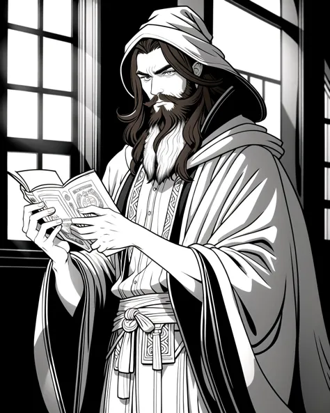 a black and white drawing of a man reading a book